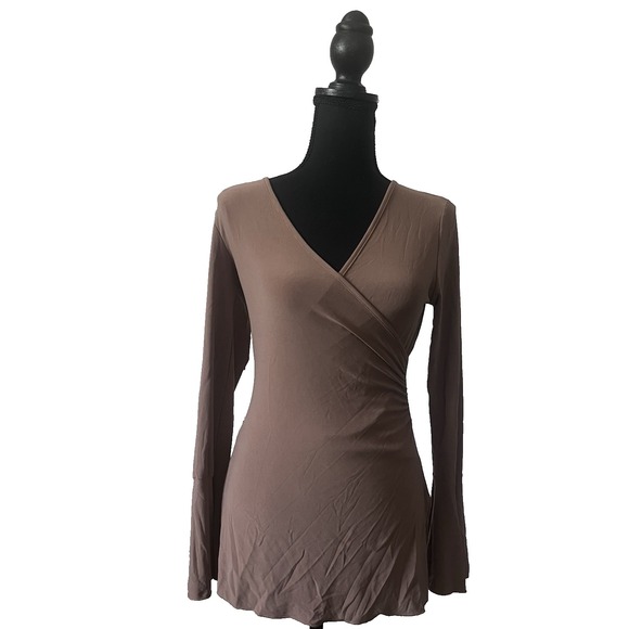 Women's Brown V Neck Faux Wrap Flare Sleeve Stretchy Casual Boho Y2K M - Picture 2 of 6